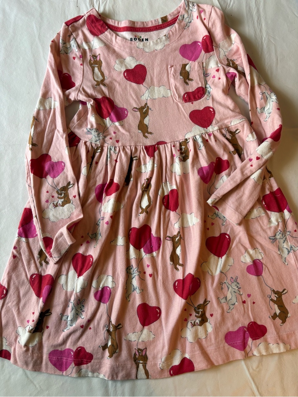 Mini Boden long-sleeve jersey dress  playful pink bunnies, heart balloons Sz 7-8
